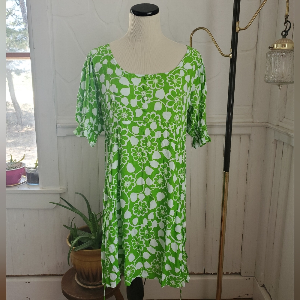 Faithfull The Brand La Barben Floral Mini Dress Large Bright Green 1960s Flowers